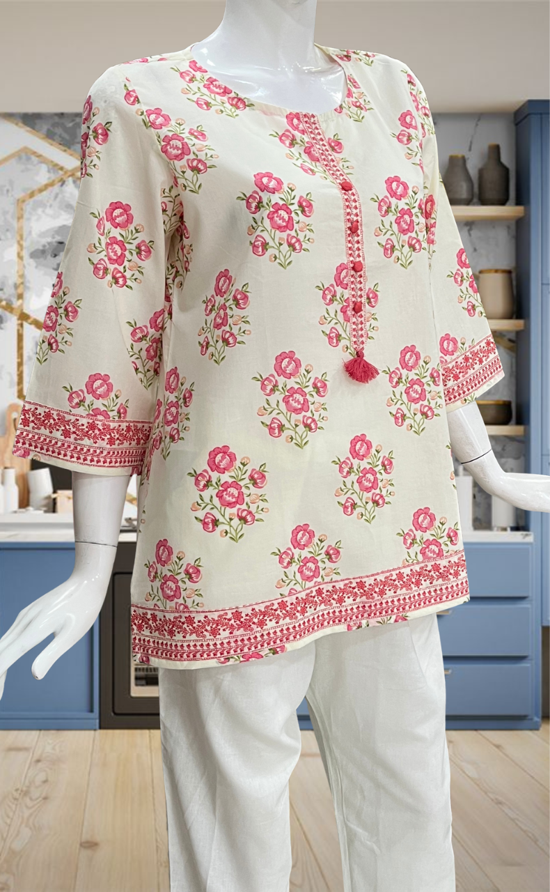 Off White/Pink Flora Jaipur Cotton Short Kurti. Pure Versatile Cotton. | Laces and Frills