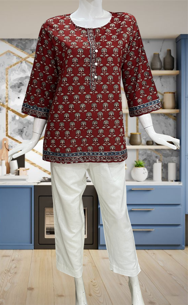 Maroon Flora Jaipur Cotton Short Kurti. Pure Versatile Cotton. | Laces and Frills
