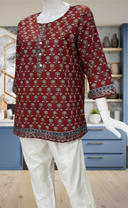 Maroon Flora Jaipur Cotton Short Kurti. Pure Versatile Cotton. | Laces and Frills