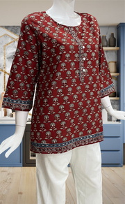 Maroon Flora Jaipur Cotton Short Kurti. Pure Versatile Cotton. | Laces and Frills