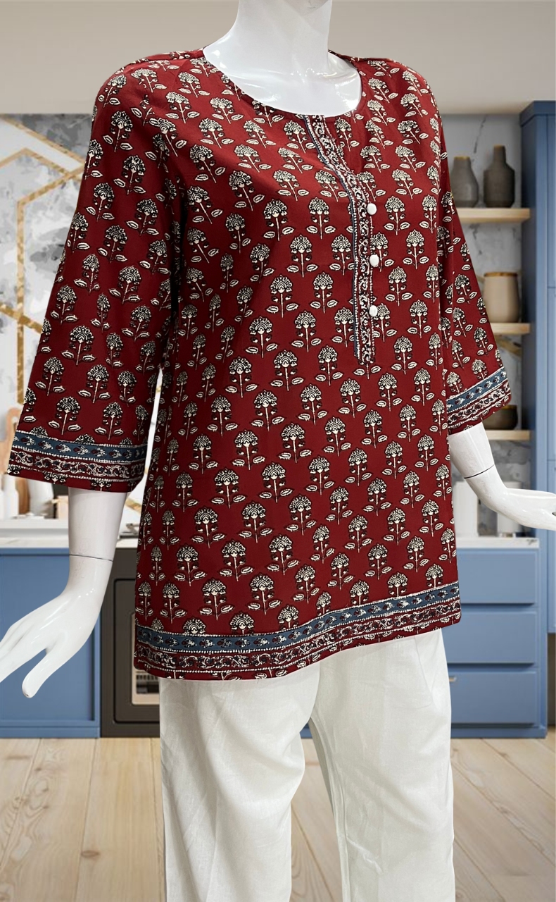 Maroon Flora Jaipur Cotton Short Kurti. Pure Versatile Cotton. | Laces and Frills