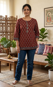 Maroon Flora Jaipur Cotton Short Kurti. Pure Versatile Cotton. | Laces and Frills - Laces and Frills