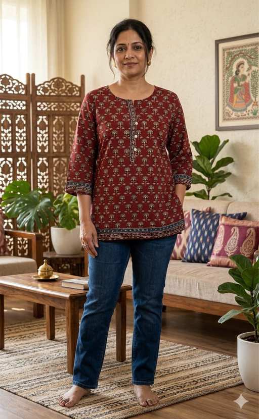 Maroon Flora Jaipur Cotton Short Kurti. Pure Versatile Cotton. | Laces and Frills - Laces and Frills