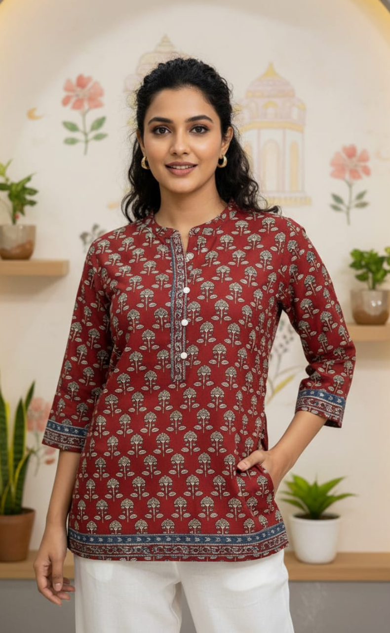 Maroon Flora Jaipur Cotton Short Kurti. Pure Versatile Cotton. | Laces and Frills