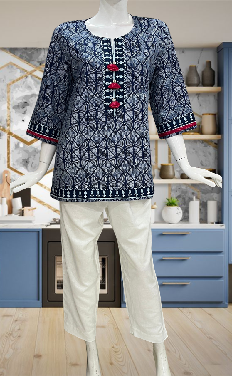 Blue Abstract Jaipur Cotton Short Kurti. Pure Versatile Cotton. | Laces and Frills