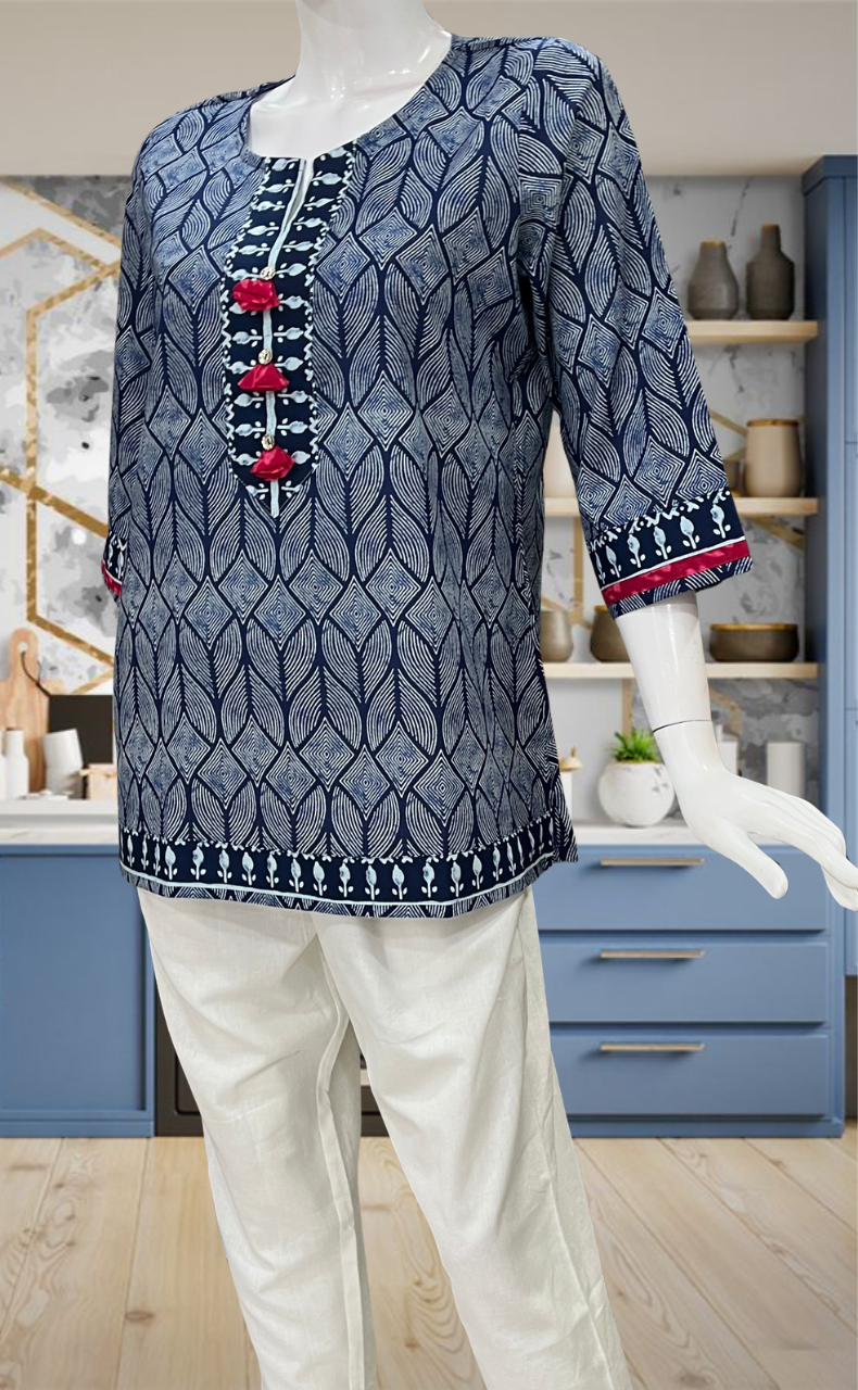 Blue Abstract Jaipur Cotton Short Kurti. Pure Versatile Cotton. | Laces and Frills