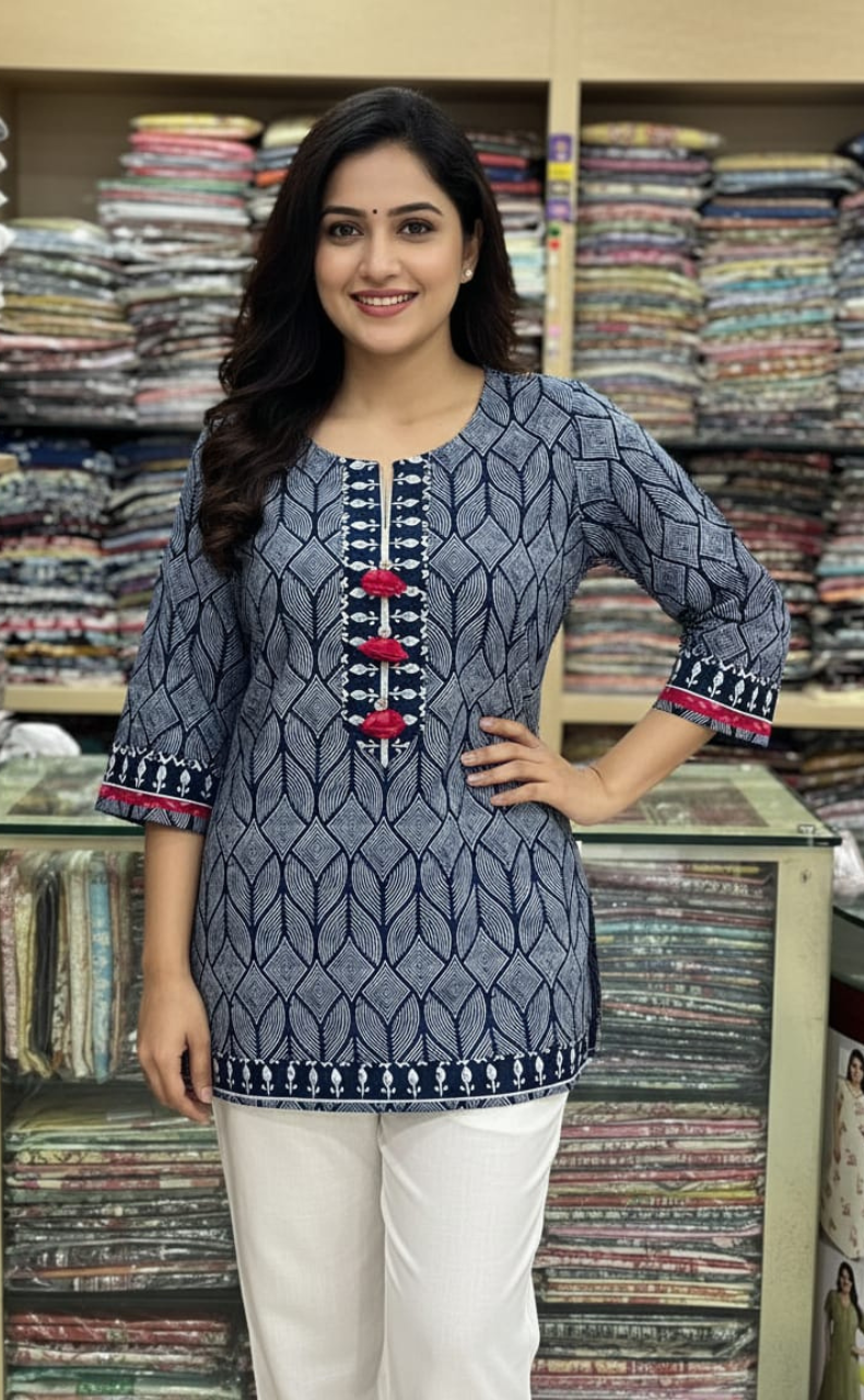 Blue Abstract Jaipur Cotton Short Kurti. Pure Versatile Cotton. | Laces and Frills