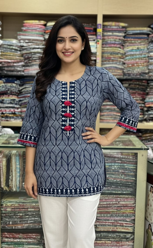 Blue Abstract Jaipur Cotton Short Kurti. Pure Versatile Cotton. | Laces and Frills - Laces and Frills