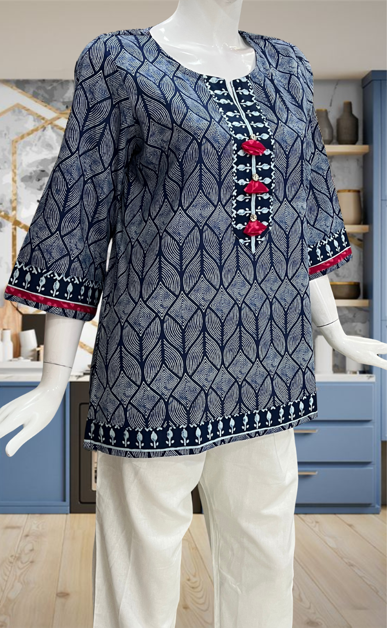 Blue Abstract Jaipur Cotton Short Kurti. Pure Versatile Cotton. | Laces and Frills