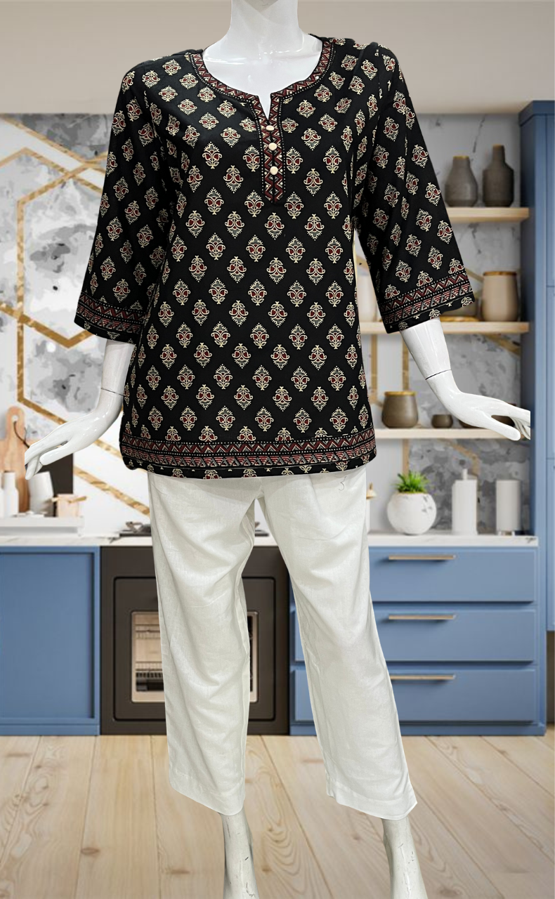 Black Flora Jaipur Cotton Short Kurti. Pure Versatile Cotton. | Laces and Frills