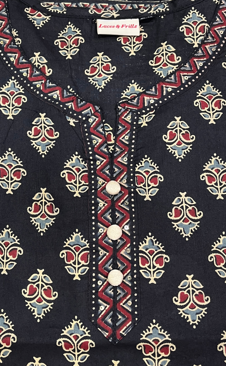 Black Flora Jaipur Cotton Short Kurti. Pure Versatile Cotton. | Laces and Frills