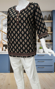 Black Flora Jaipur Cotton Short Kurti. Pure Versatile Cotton. | Laces and Frills