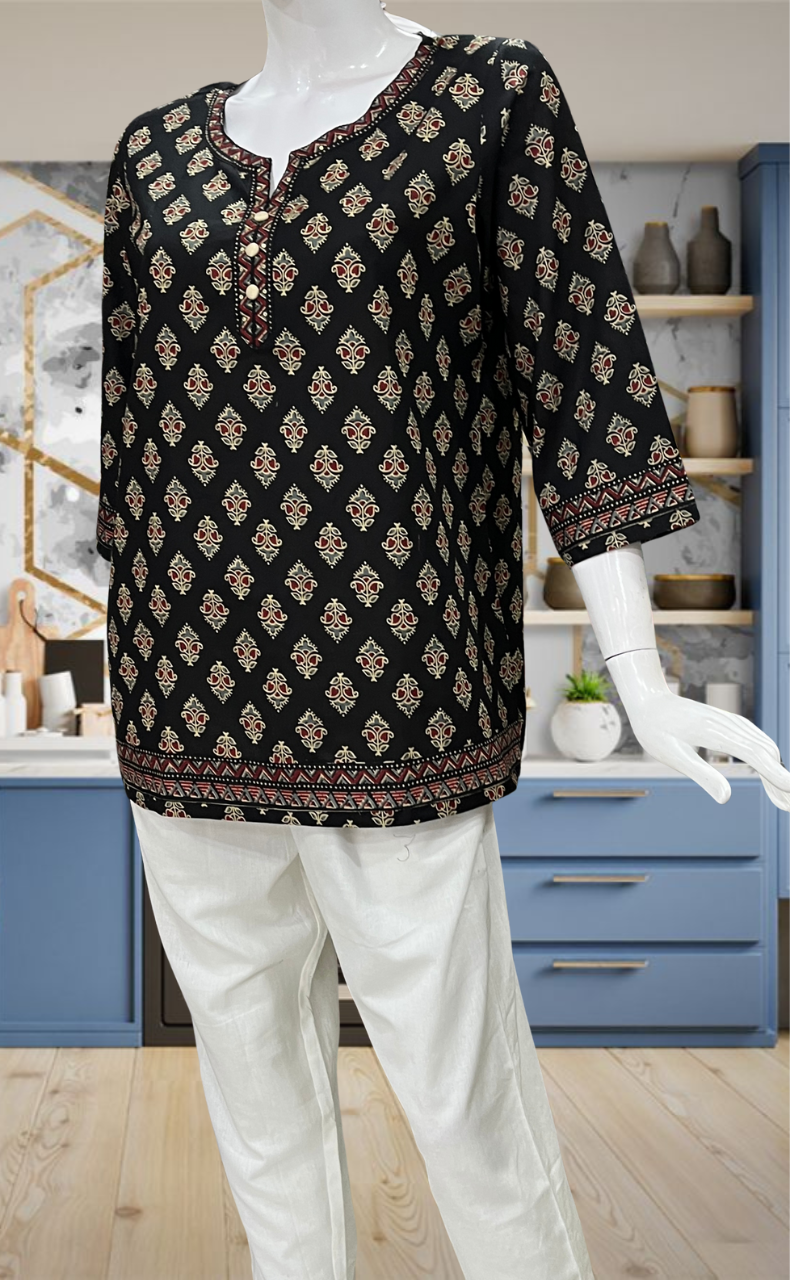 Black Flora Jaipur Cotton Short Kurti. Pure Versatile Cotton. | Laces and Frills