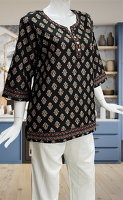Black Flora Jaipur Cotton Short Kurti. Pure Versatile Cotton. | Laces and Frills