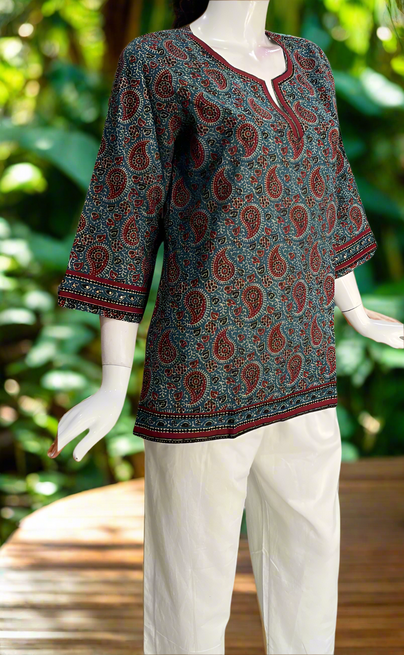 Indigo Blue/Maroon Paisley Print Jaipur Cotton Short Kurti. Pure Versatile Cotton. | Laces and Frills