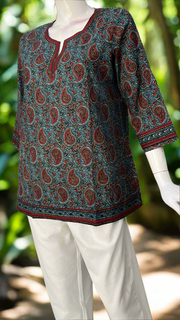 Indigo Blue/Maroon Paisley Print Jaipur Cotton Short Kurti. Pure Versatile Cotton. | Laces and Frills