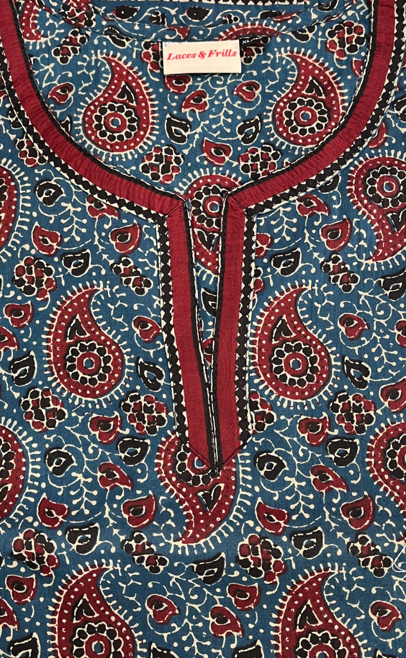 Indigo Blue/Maroon Paisley Print Jaipur Cotton Short Kurti. Pure Versatile Cotton. | Laces and Frills