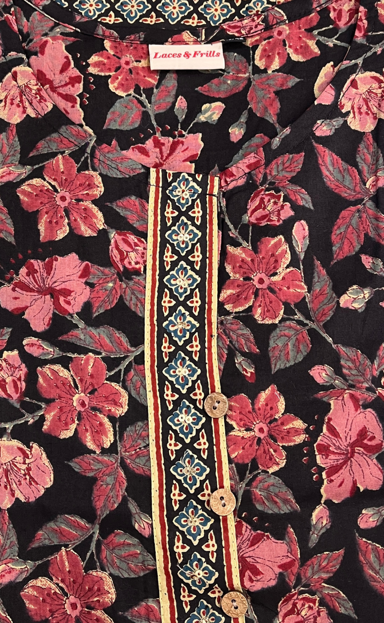 Black/Peach Floral Jaipur Cotton Short Kurti. Pure Versatile Cotton. | Laces and Frills - Laces and Frills