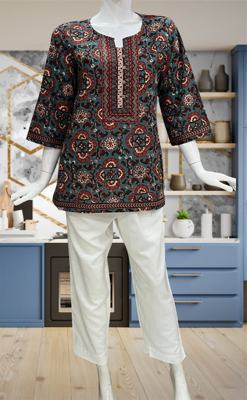 Teal Blue Garden Jaipur Cotton Short Kurti. Pure Versatile Cotton. | Laces and Frills