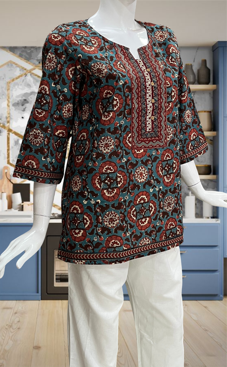 Teal Blue Garden Jaipur Cotton Short Kurti. Pure Versatile Cotton. | Laces and Frills