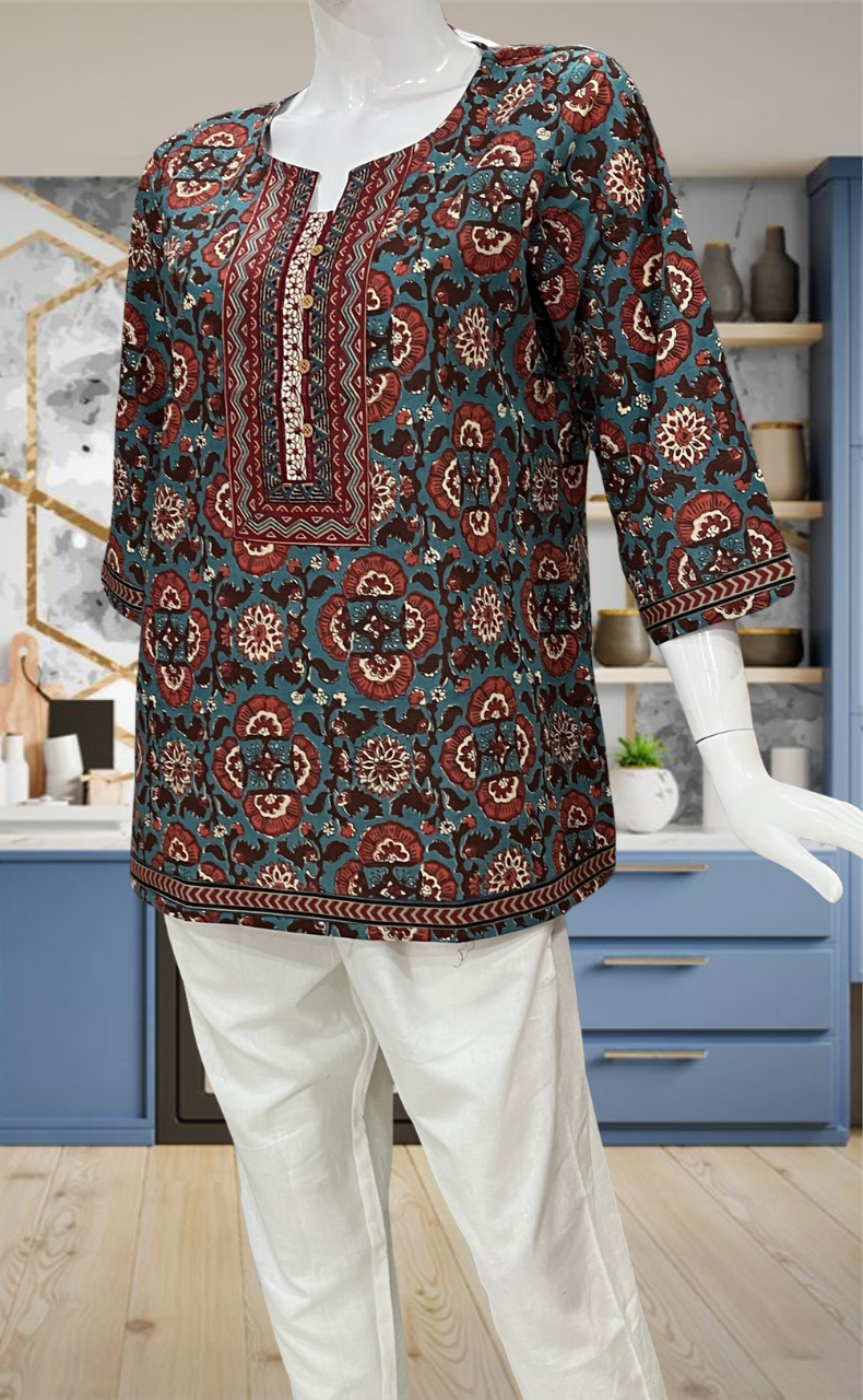 Teal Blue Garden Jaipur Cotton Short Kurti. Pure Versatile Cotton. | Laces and Frills