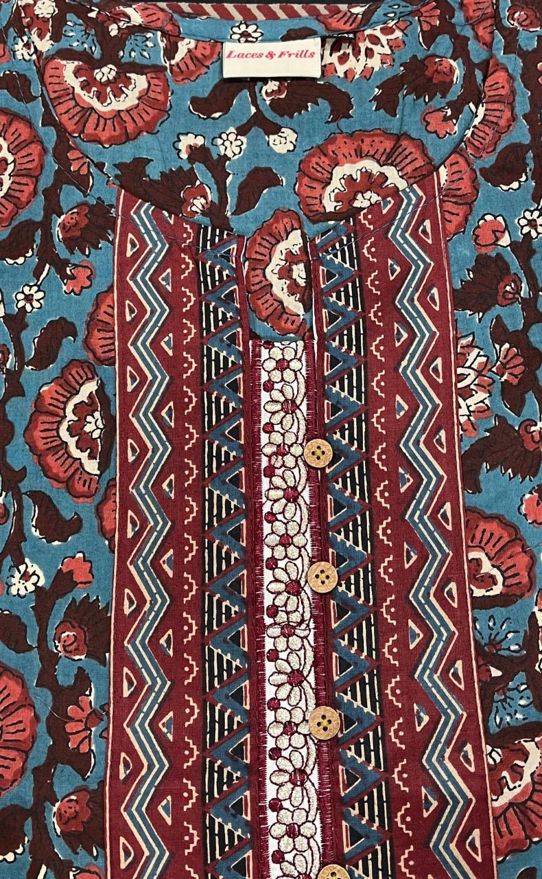 Teal Blue Garden Jaipur Cotton Short Kurti. Pure Versatile Cotton. | Laces and Frills