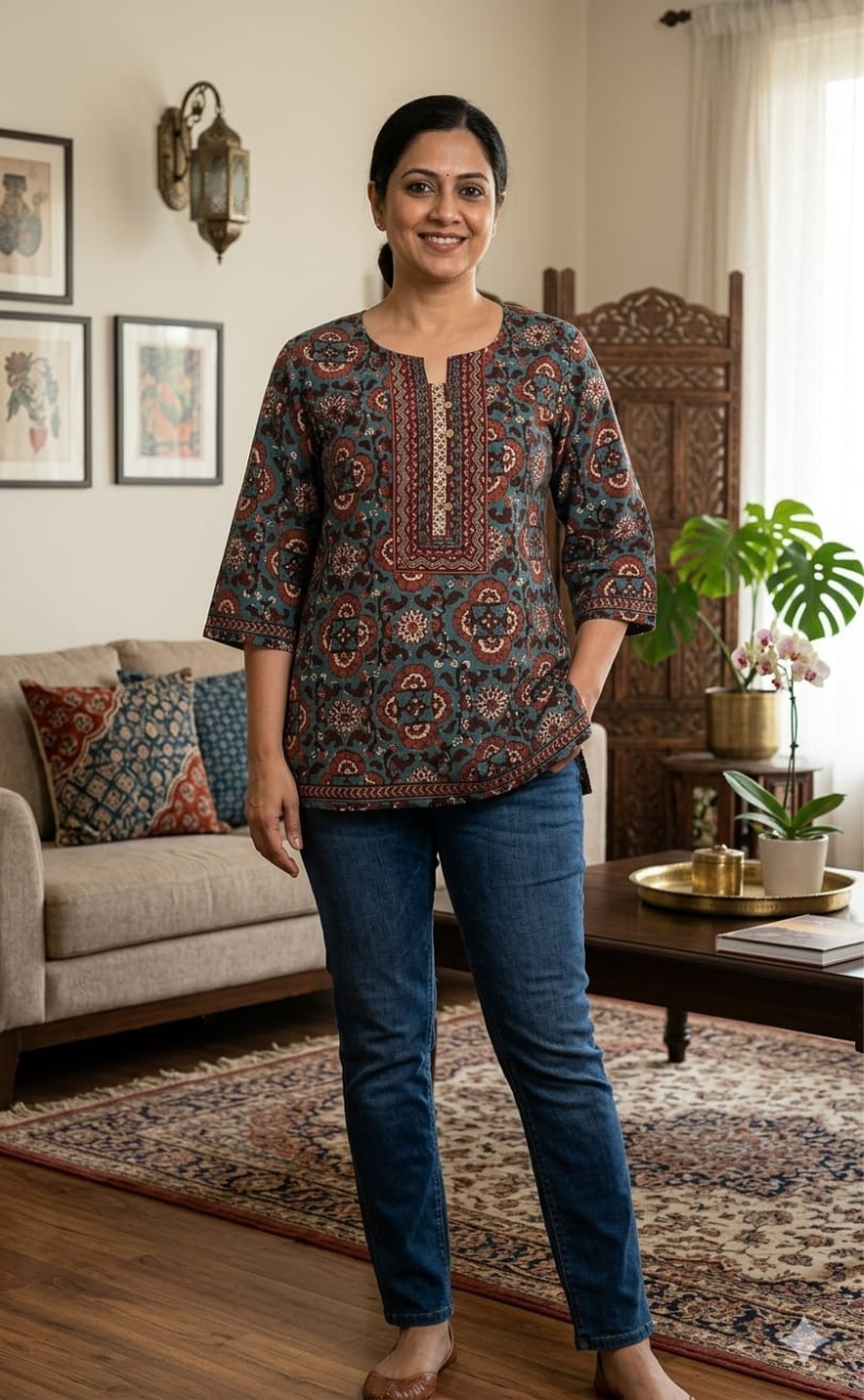 Teal Blue Garden Jaipur Cotton Short Kurti. Pure Versatile Cotton. | Laces and Frills - Laces and Frills