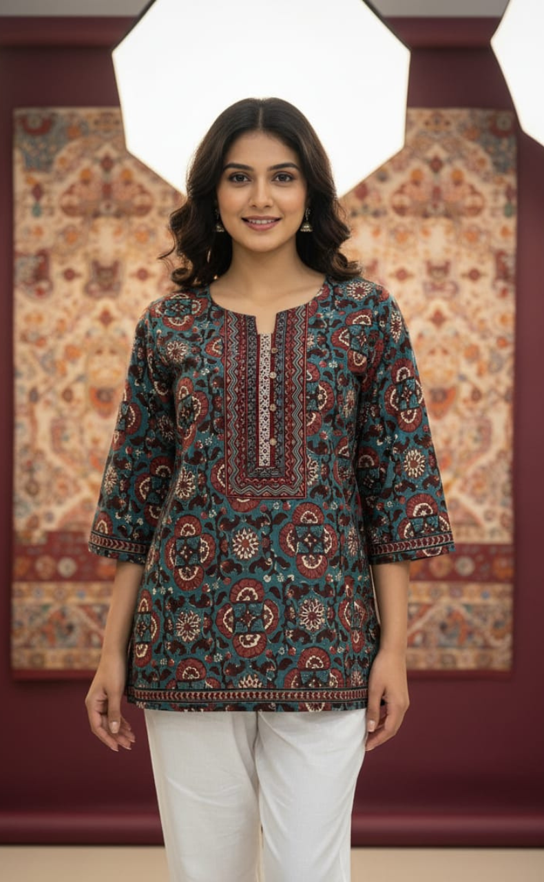 Teal Blue Garden Jaipur Cotton Short Kurti. Pure Versatile Cotton. | Laces and Frills