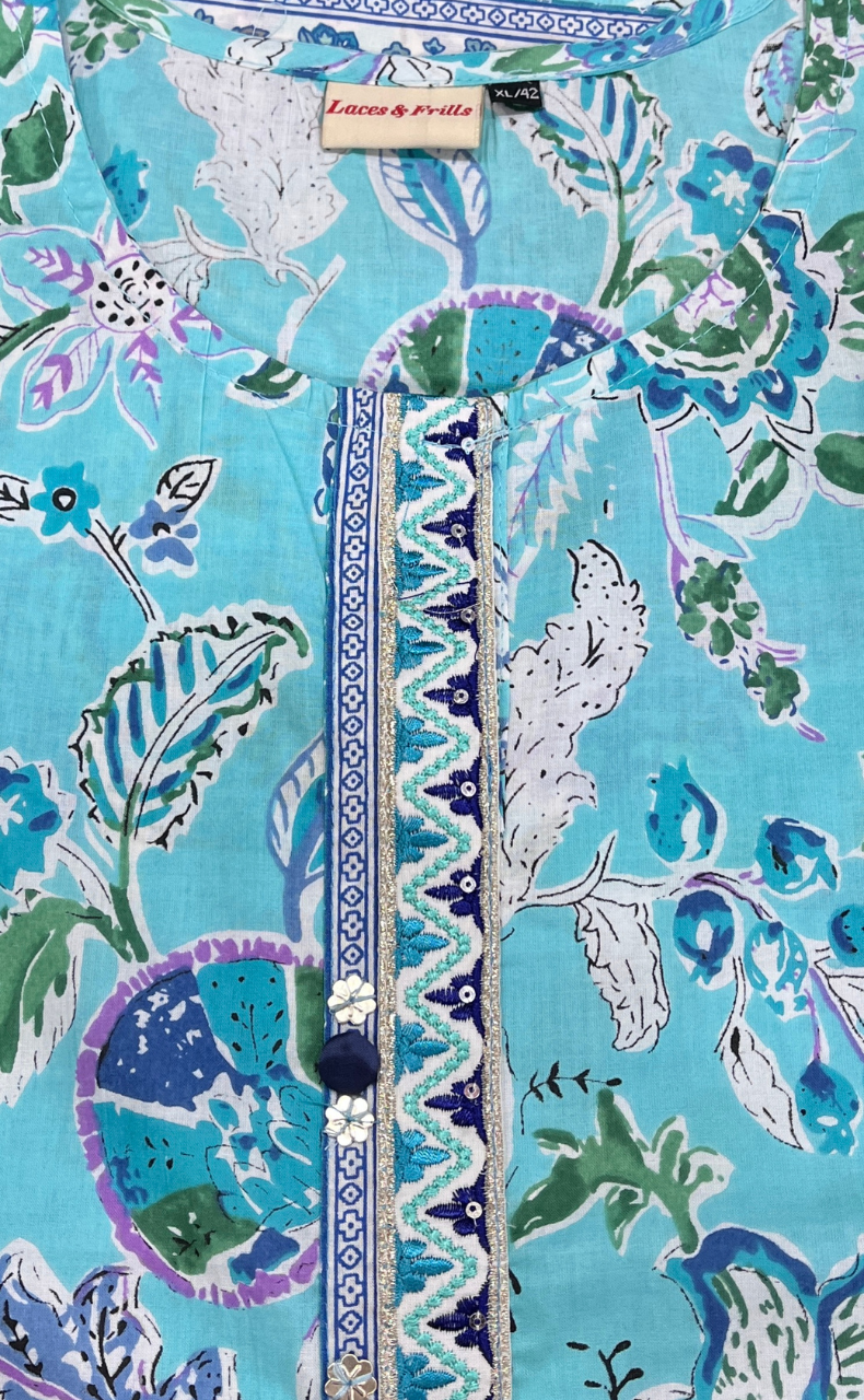 Sea Green Garden Jaipur Cotton Short Kurti. Pure Versatile Cotton. | Laces and Frills