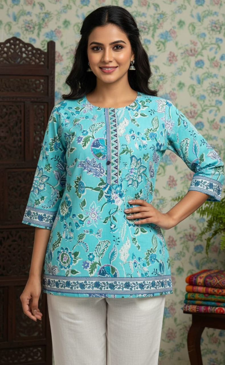 Sea Green Garden Jaipur Cotton Short Kurti. Pure Versatile Cotton. | Laces and Frills