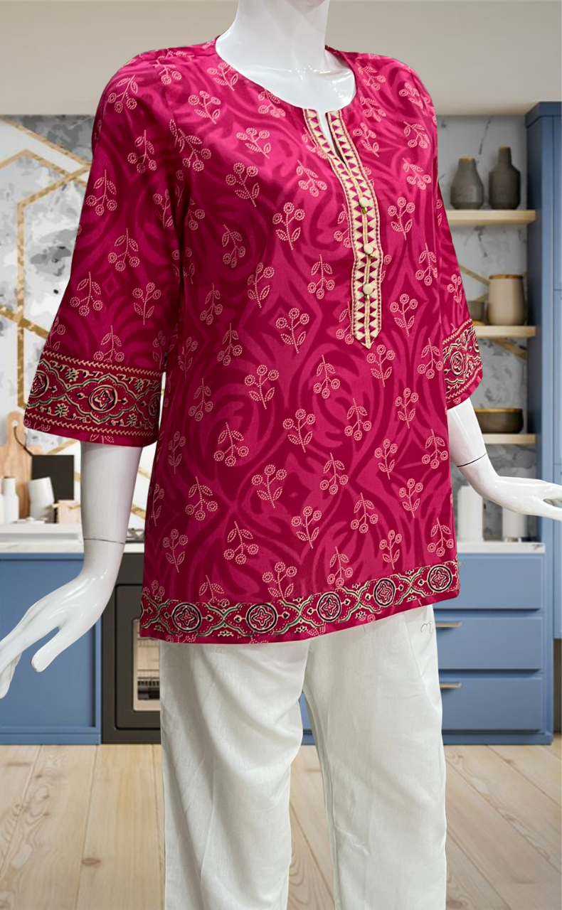 Pink Flora Jaipur Cotton Short Kurti. Pure Versatile Cotton. | Laces and Frills