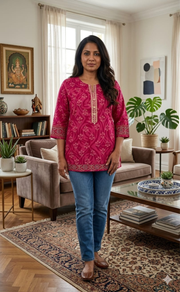 Pink Flora Jaipur Cotton Short Kurti. Pure Versatile Cotton. | Laces and Frills - Laces and Frills