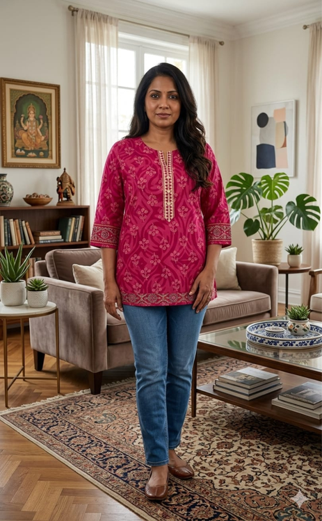 Pink Flora Jaipur Cotton Short Kurti. Pure Versatile Cotton. | Laces and Frills - Laces and Frills