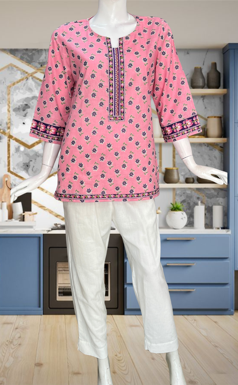 Pink Flora Jaipur Cotton Short Kurti. Pure Versatile Cotton. | Laces and Frills