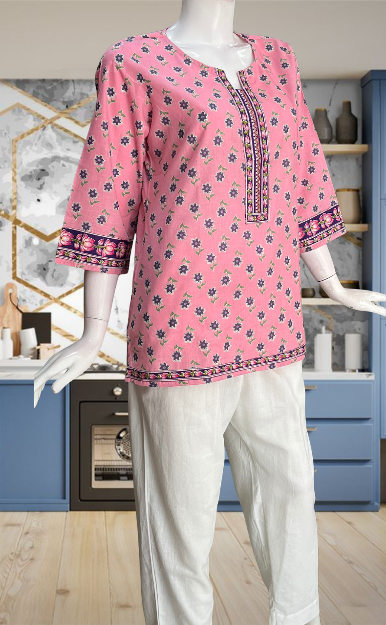 Pink Flora Jaipur Cotton Short Kurti. Pure Versatile Cotton. | Laces and Frills