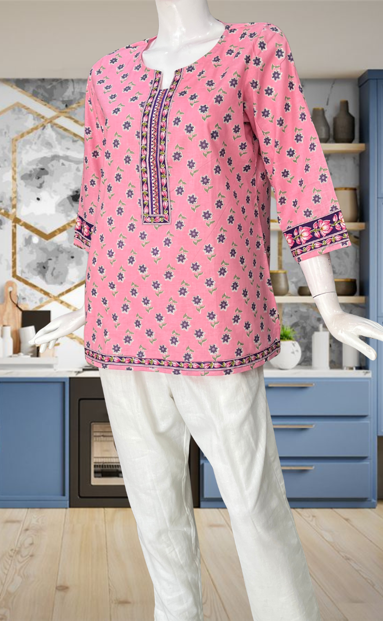 Pink Flora Jaipur Cotton Short Kurti. Pure Versatile Cotton. | Laces and Frills
