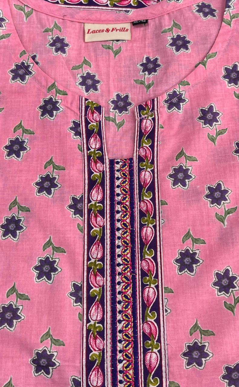 Pink Flora Jaipur Cotton Short Kurti. Pure Versatile Cotton. | Laces and Frills