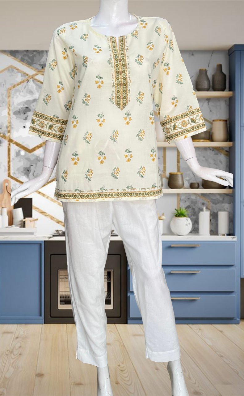 Off White Jaipur Cotton Short Kurti. Pure Versatile Cotton. | Laces and Frills