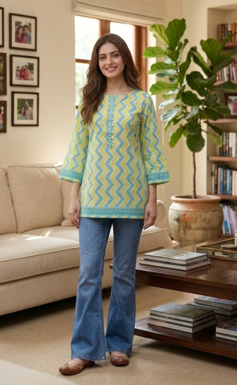 Green Abstract Jaipur Cotton Short Kurti. Pure Versatile Cotton. | Laces and Frills