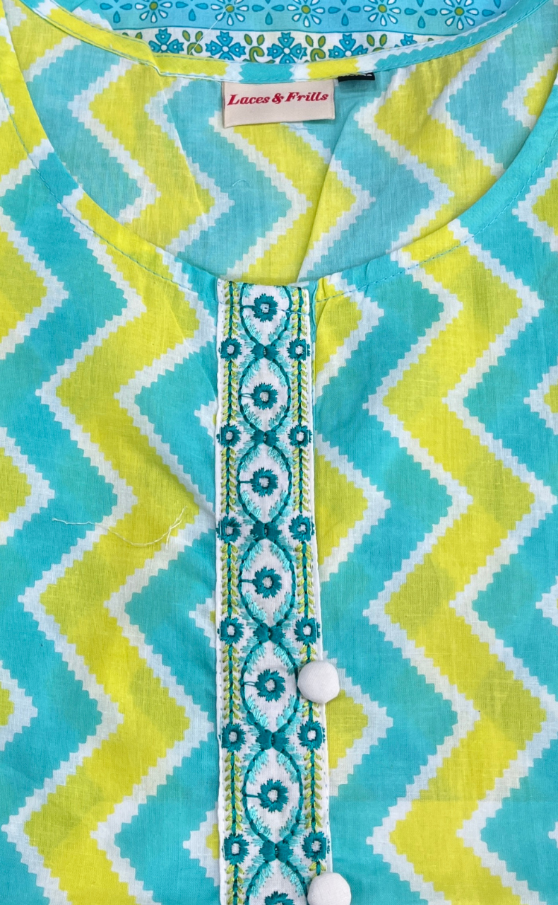 Green Abstract Jaipur Cotton Short Kurti. Pure Versatile Cotton. | Laces and Frills