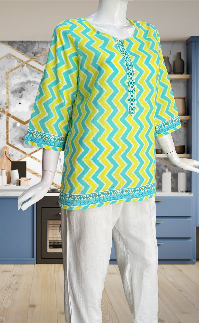 Green Abstract Jaipur Cotton Short Kurti. Pure Versatile Cotton. | Laces and Frills