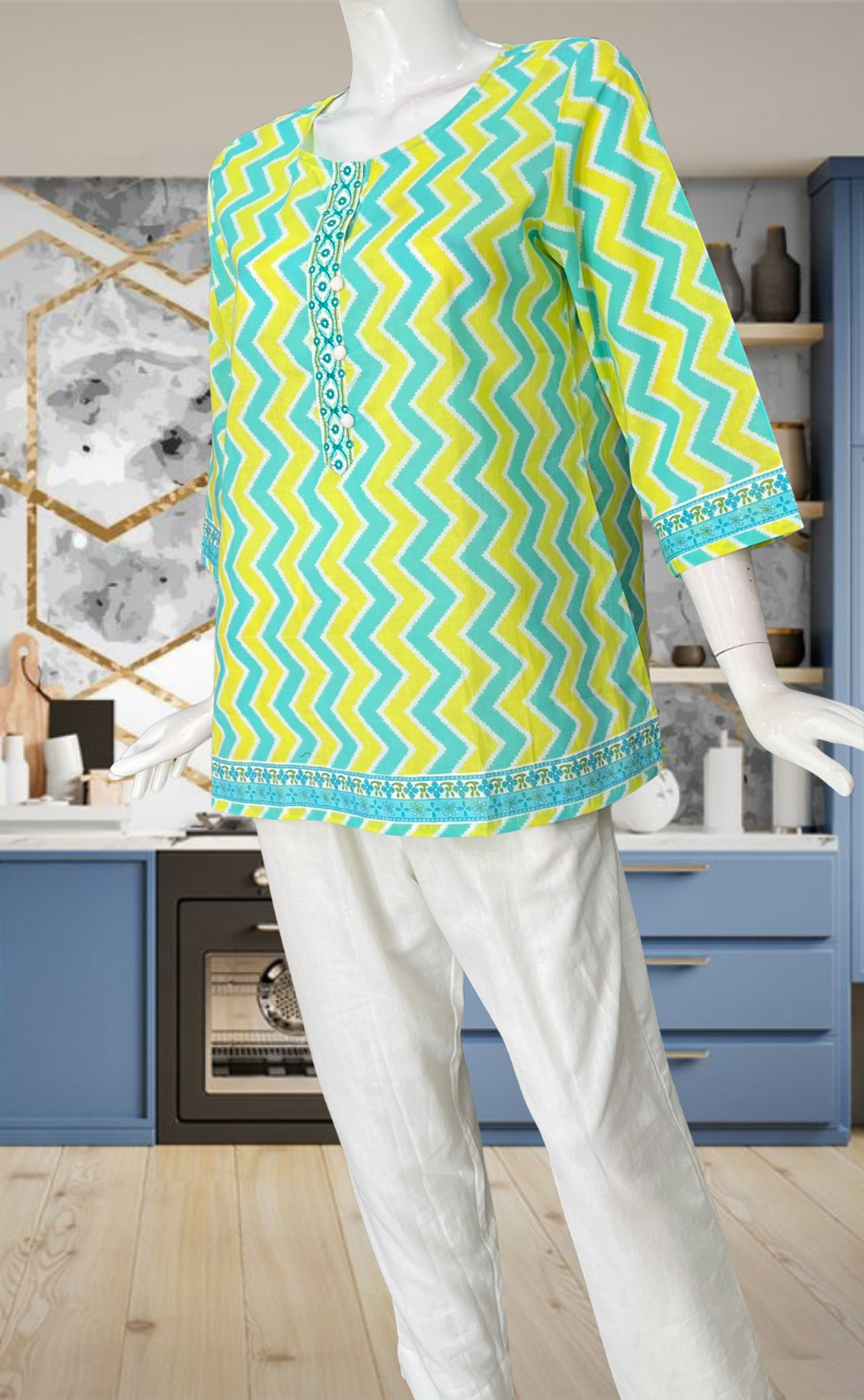 Green Abstract Jaipur Cotton Short Kurti. Pure Versatile Cotton. | Laces and Frills
