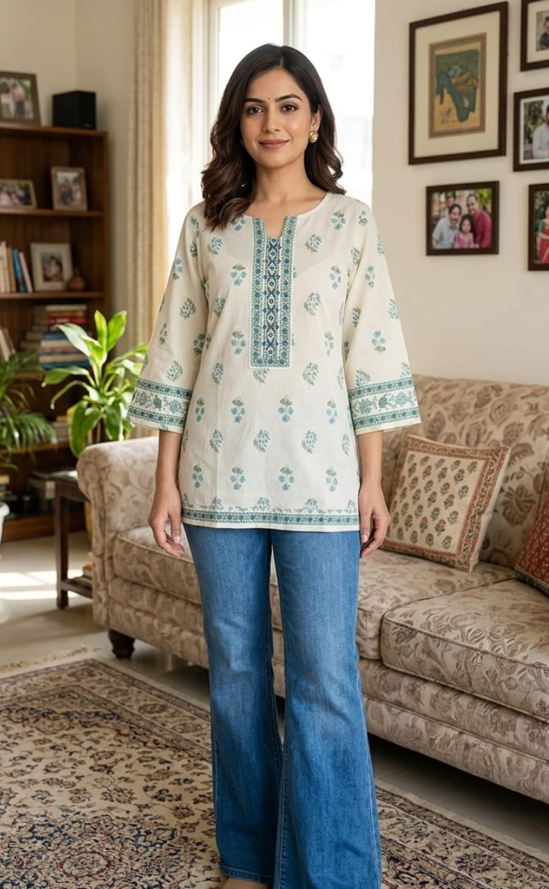 Off White Flora Jaipur Cotton Short Kurti. Pure Versatile Cotton. | Laces and Frills