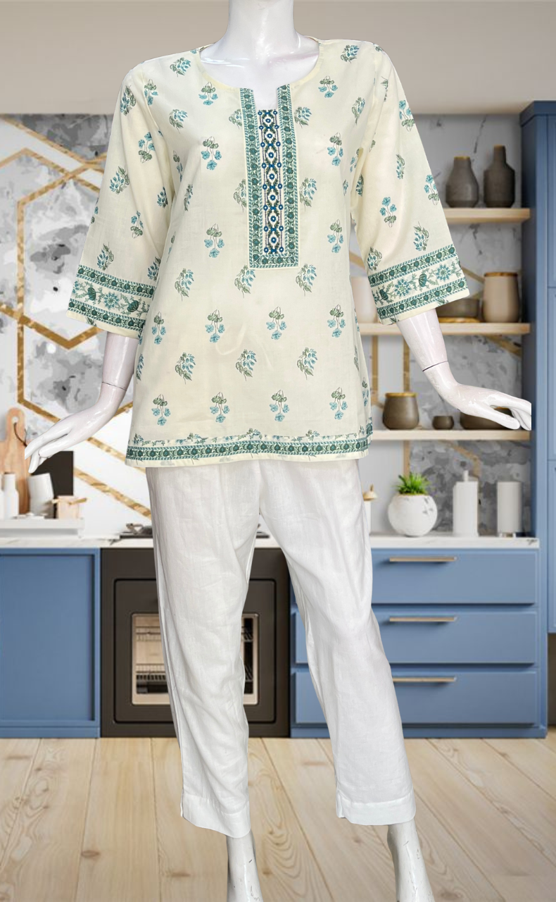 Off White Flora Jaipur Cotton Short Kurti. Pure Versatile Cotton. | Laces and Frills