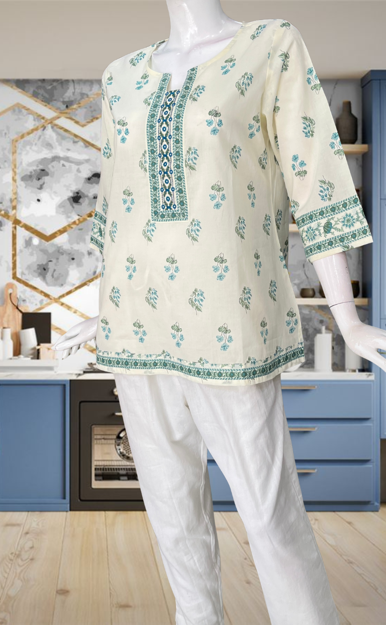 Off White Flora Jaipur Cotton Short Kurti. Pure Versatile Cotton. | Laces and Frills