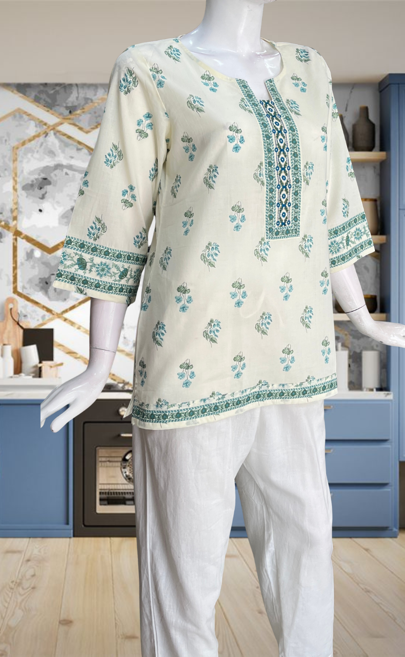 Off White Flora Jaipur Cotton Short Kurti. Pure Versatile Cotton. | Laces and Frills
