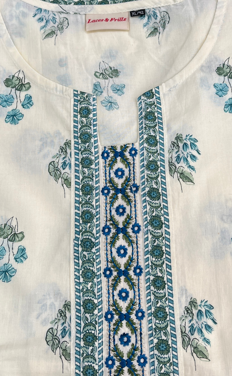 Off White Flora Jaipur Cotton Short Kurti. Pure Versatile Cotton. | Laces and Frills