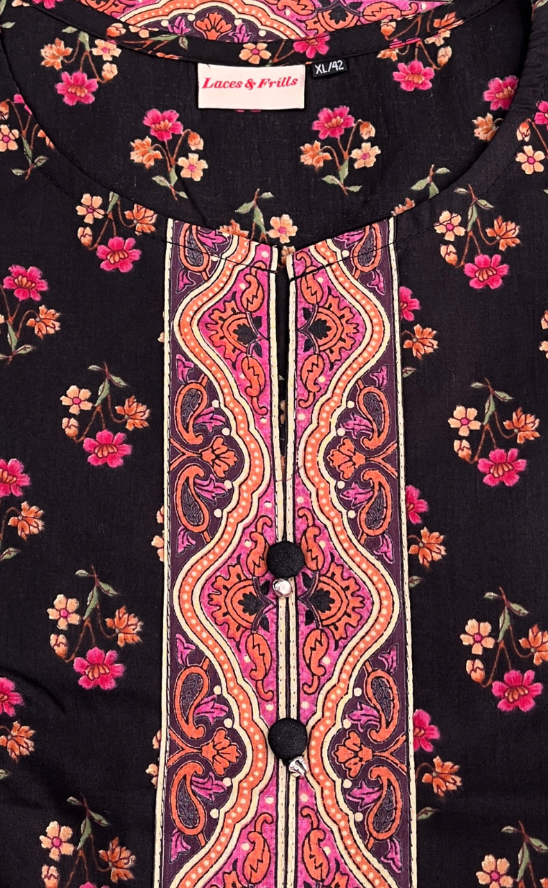 Black Floral Jaipur Cotton Short Kurti. Pure Versatile Cotton. | Laces and Frills