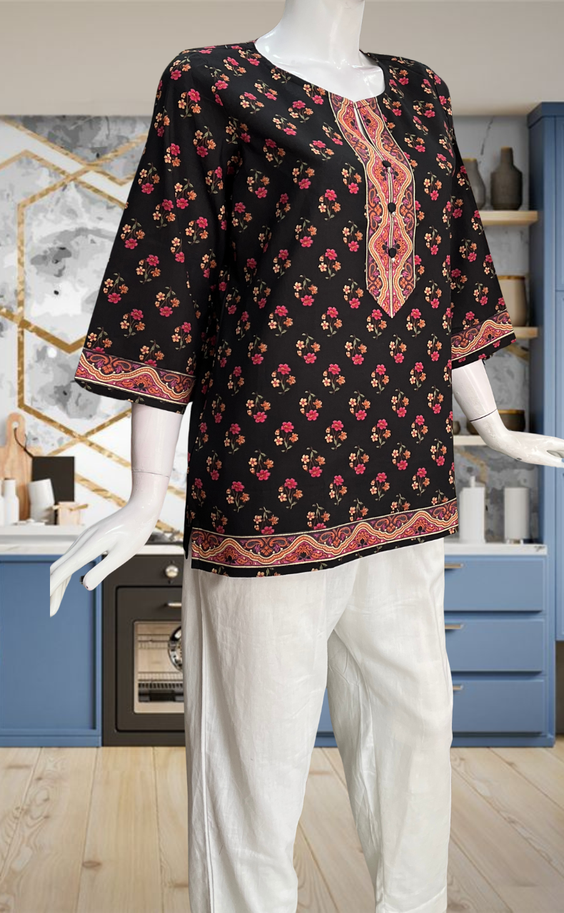 Black Floral Jaipur Cotton Short Kurti. Pure Versatile Cotton. | Laces and Frills