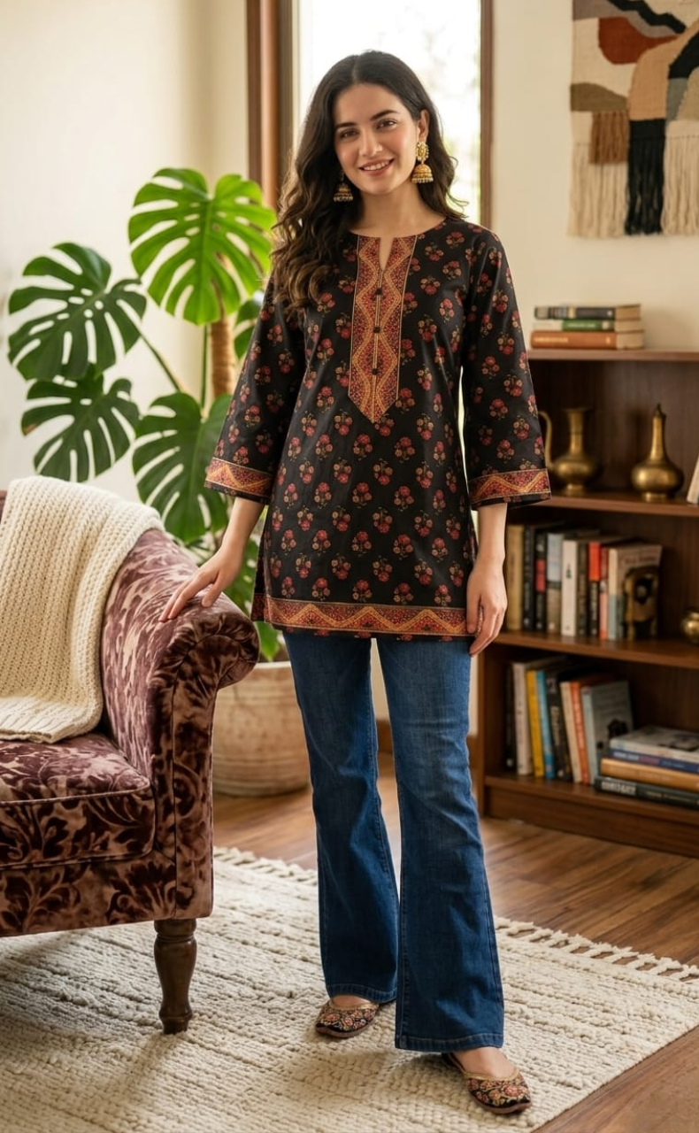 Black Floral Jaipur Cotton Short Kurti. Pure Versatile Cotton. | Laces and Frills
